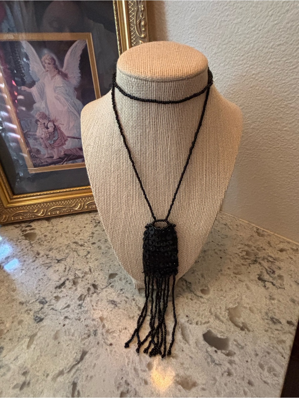 Vintage 1920’s Inspired Handmade Black Beaded Fringe Necklace - Women's Jewelry